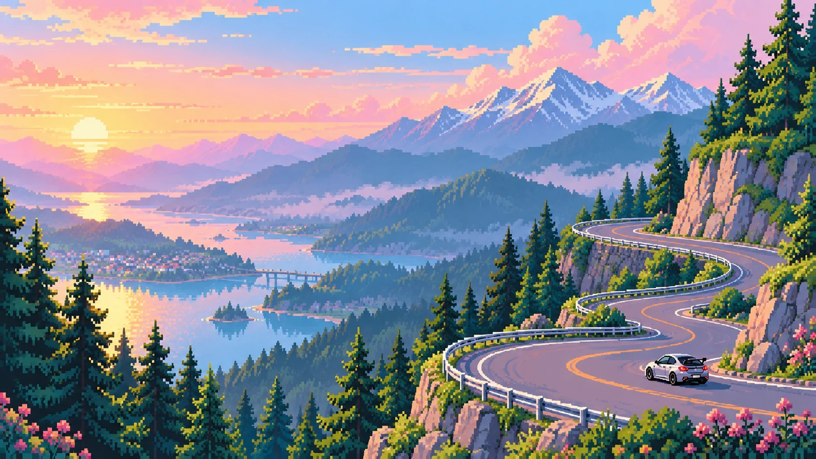 Pixel-art mountain road with hairpins at golden hour