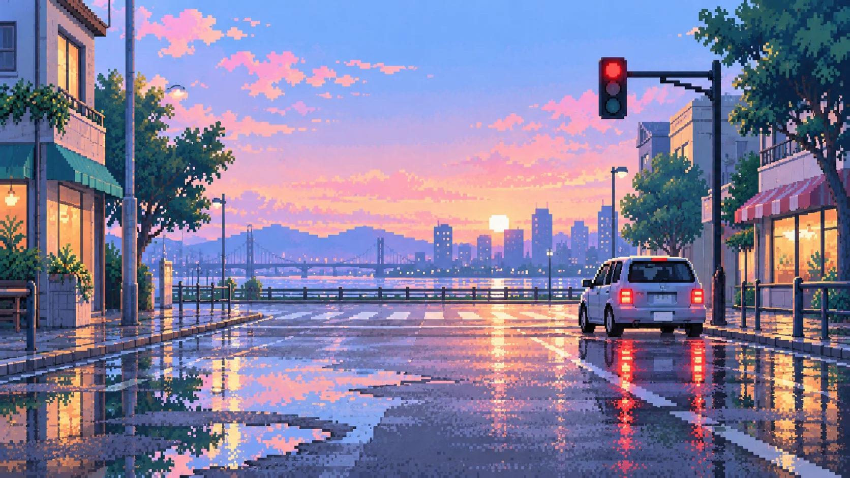 Pixel-art city street at dawn after rain, a car waiting at a red light